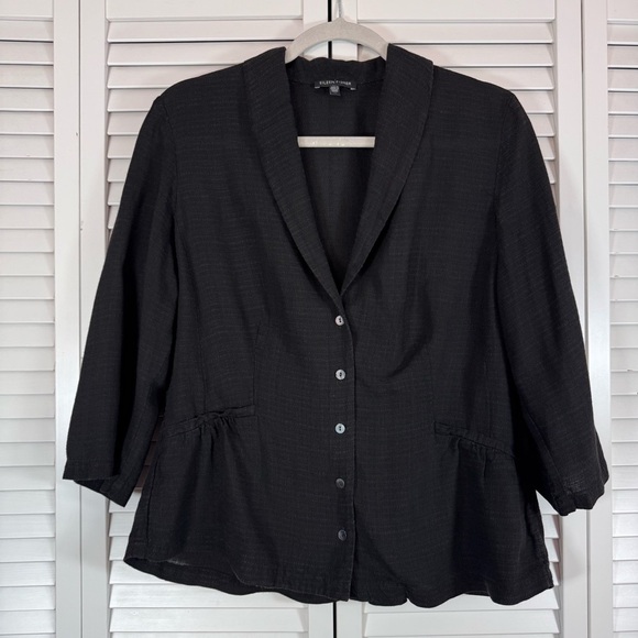 Eileen Fisher Linen Blend Blazer Basketweave Shawl Collar Black Medium - Picture 1 of 6